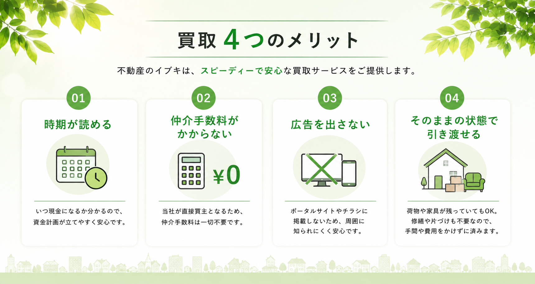 買取4つのメリット：01時期が読める／02仲介手数料がかからない／03広告を出さない／04そのままの状態で引き渡せる