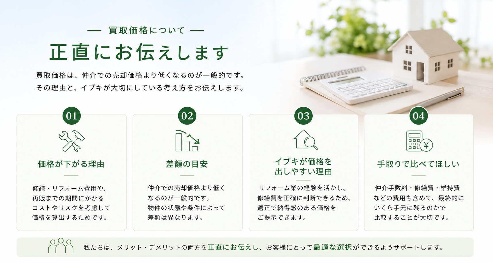 買取価格について正直にお伝えします：価格が下がる理由／差額の目安／イブキが価格を出しやすい理由／手取りで比べてほしい