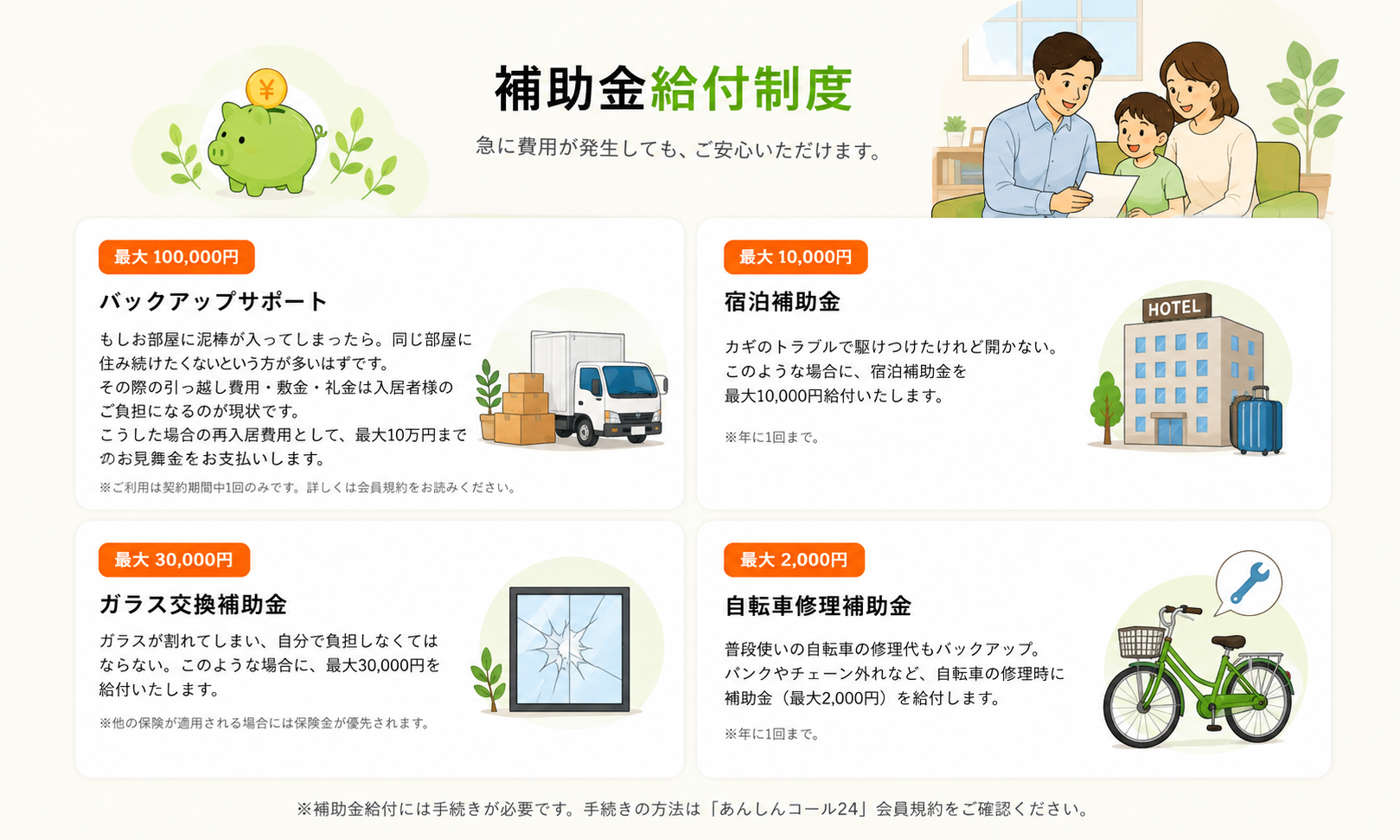 補助金給付制度：バックアップサポート最大100,000円・宿泊補助金・ガラス交換補助金・自転車修理補助金