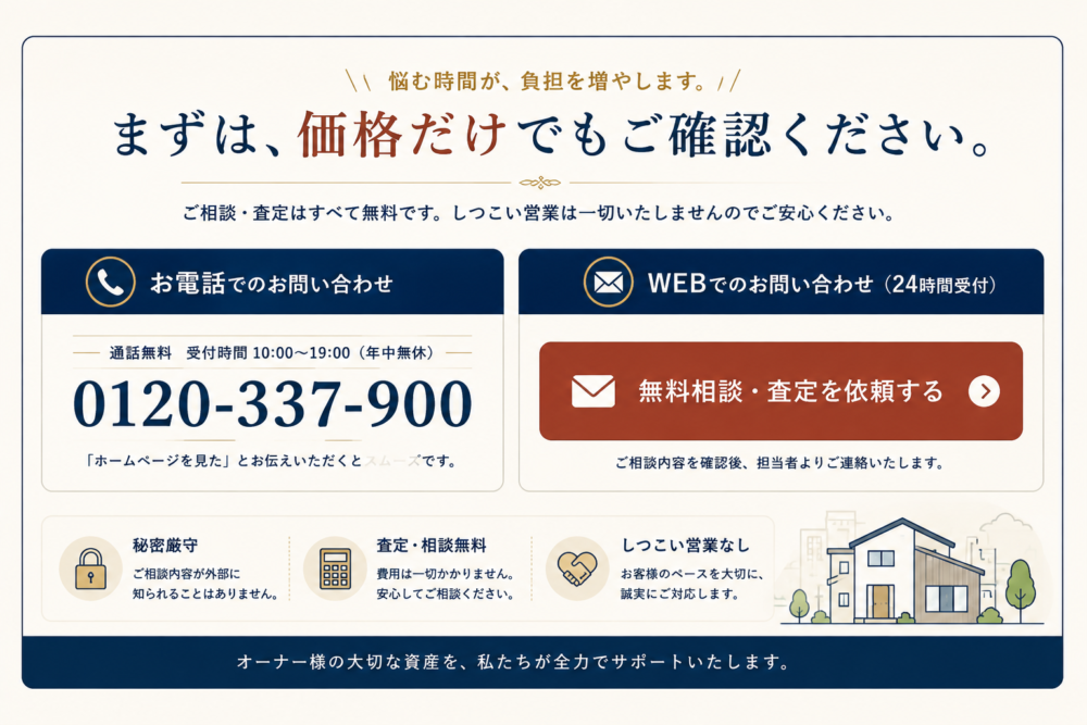 まずは価格だけでもご確認ください。ご相談・査定はすべて無料で、しつこい営業は一切いたしません。お電話は通話無料の0120-337-900（受付10時〜19時／年中無休）、WEBからのお問い合わせは24時間受付です。秘密厳守・査定ご相談無料・しつこい営業なし。
