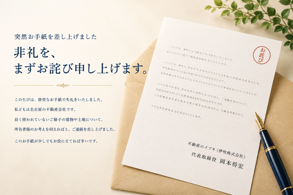 突然お手紙を差し上げた非礼をお詫びし、法務局が公開している登記情報をもとにお手紙をお送りした理由をご説明する、不動産のイブキ（伊吹株式会社）代表取締役 岡本将宏からのご挨拶状。名簿の購入や第三者からの聞き取りは一切しておらず、お電話やご訪問を重ねることもいたしません。